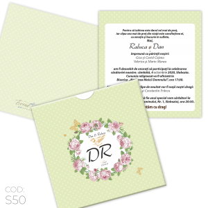 Invitație Nuntă S50 Shabby Chic Trandafiri Fluturi